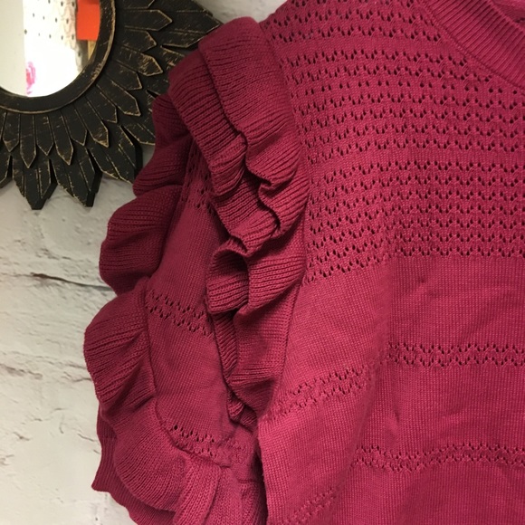 NEW CROP SWEATER TOP OVERSIZED RUFFLE Sleeves  Raspberry SZ M - Picture 3 of 11